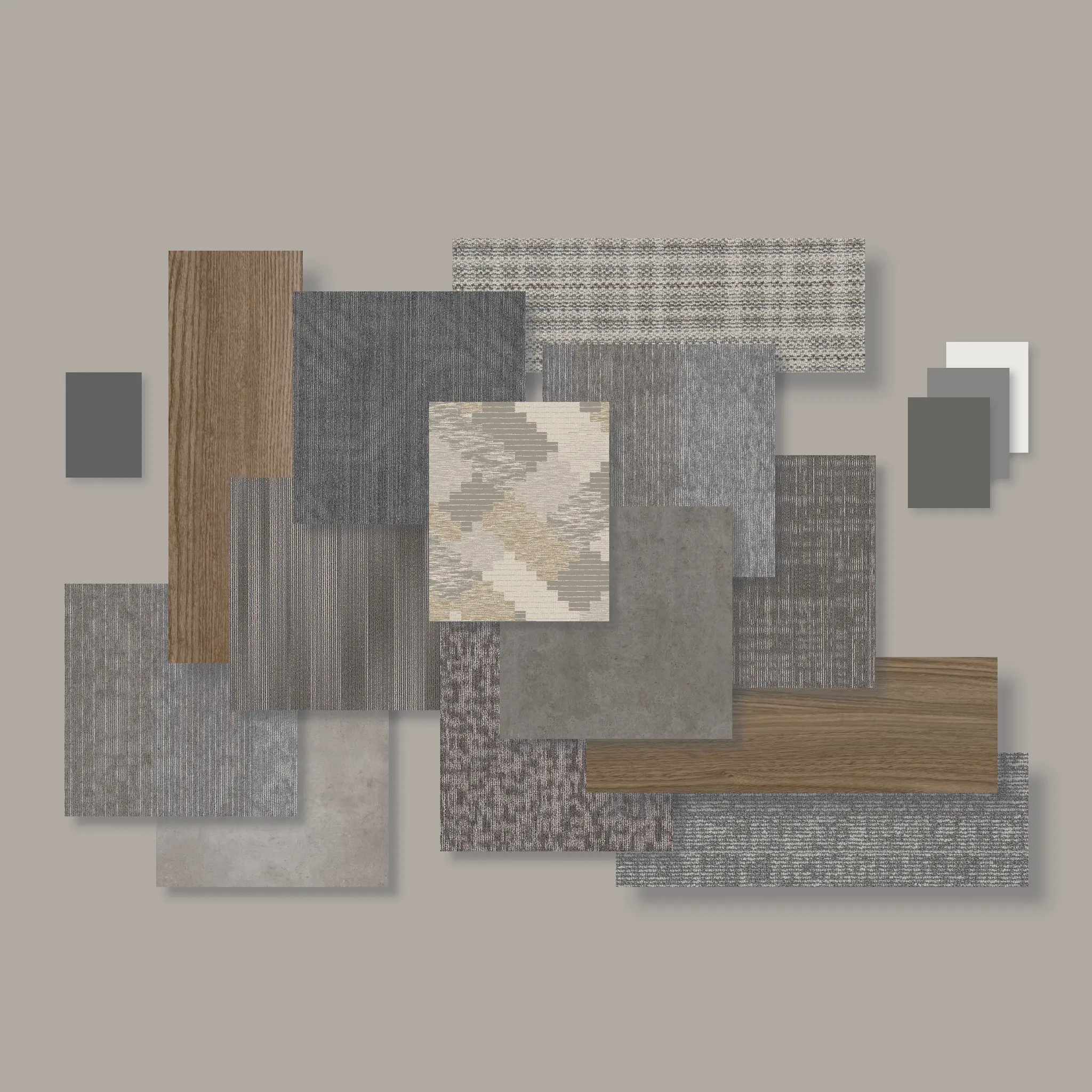 Assorted flooring swatches in neutral tones including wood and carpet textures