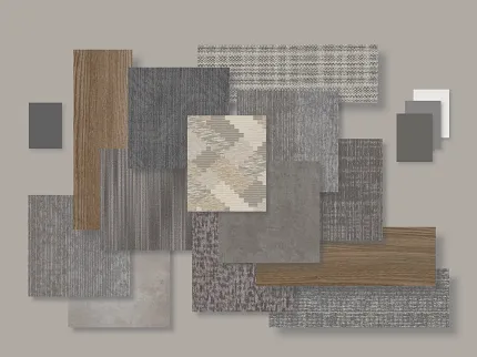 Versatile flooring options for diverse commercial spaces Assorted flooring swatches in neutral tones including wood and carpet textures