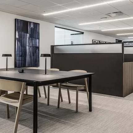 Contemporary office design with 9x36 inch carpet tiles Modern workplace with beige carpet tile flooring