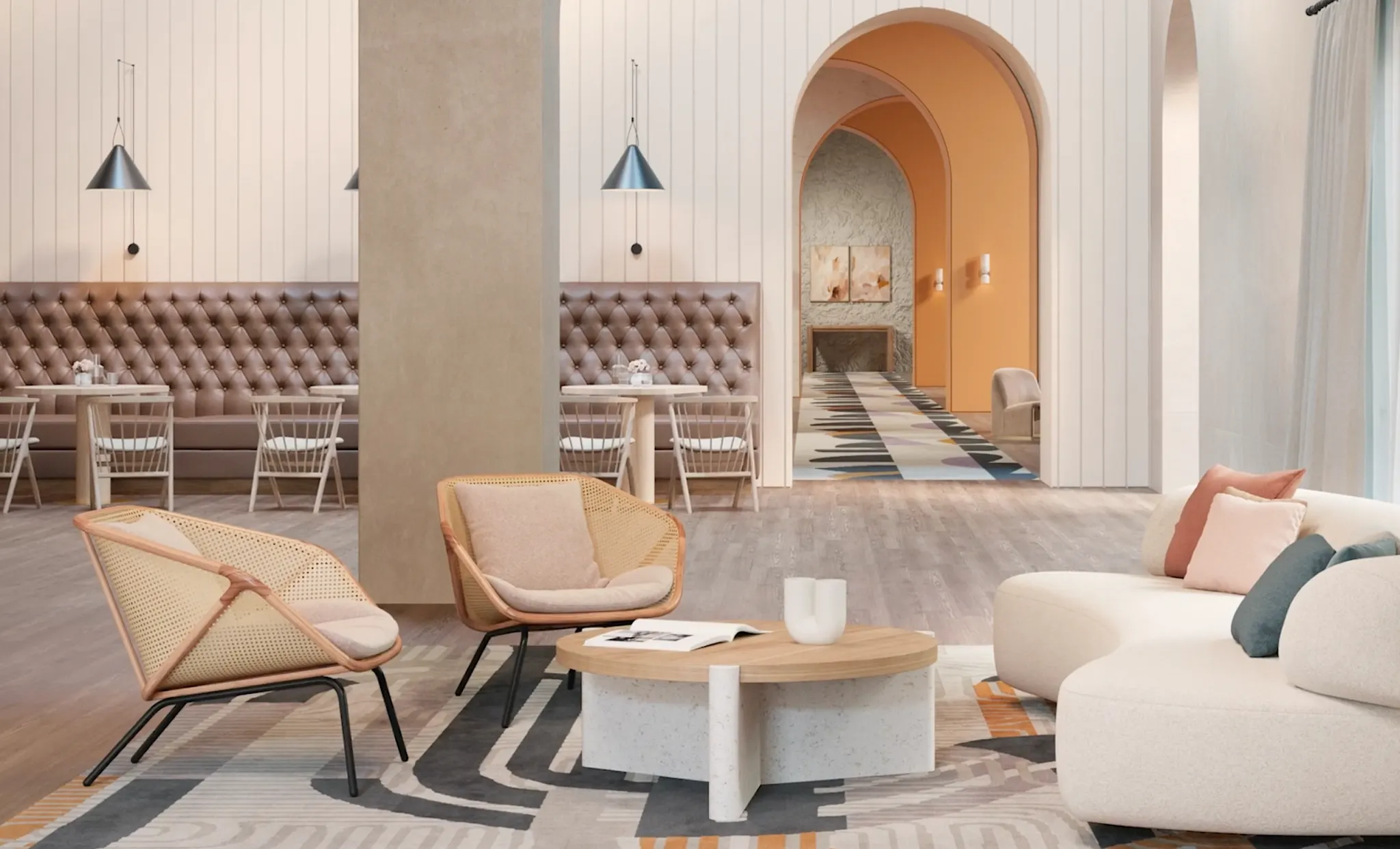 Modern hospitality lounge with stylish seating and elegant flooring