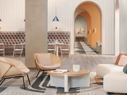 Hospitality Lounge with Contemporary Design and Flooring Modern hospitality lounge with stylish seating and elegant flooring