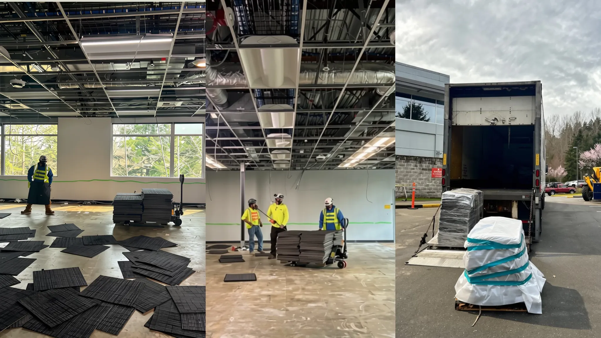 Installation of black carpet tiles in a commercial space