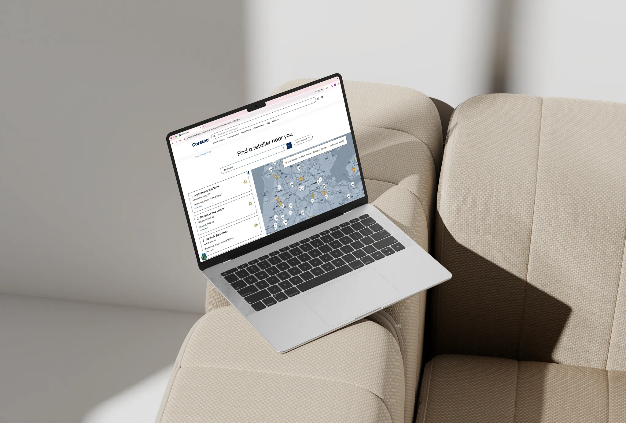 View of computer with Coretec dealer locator open on laptop