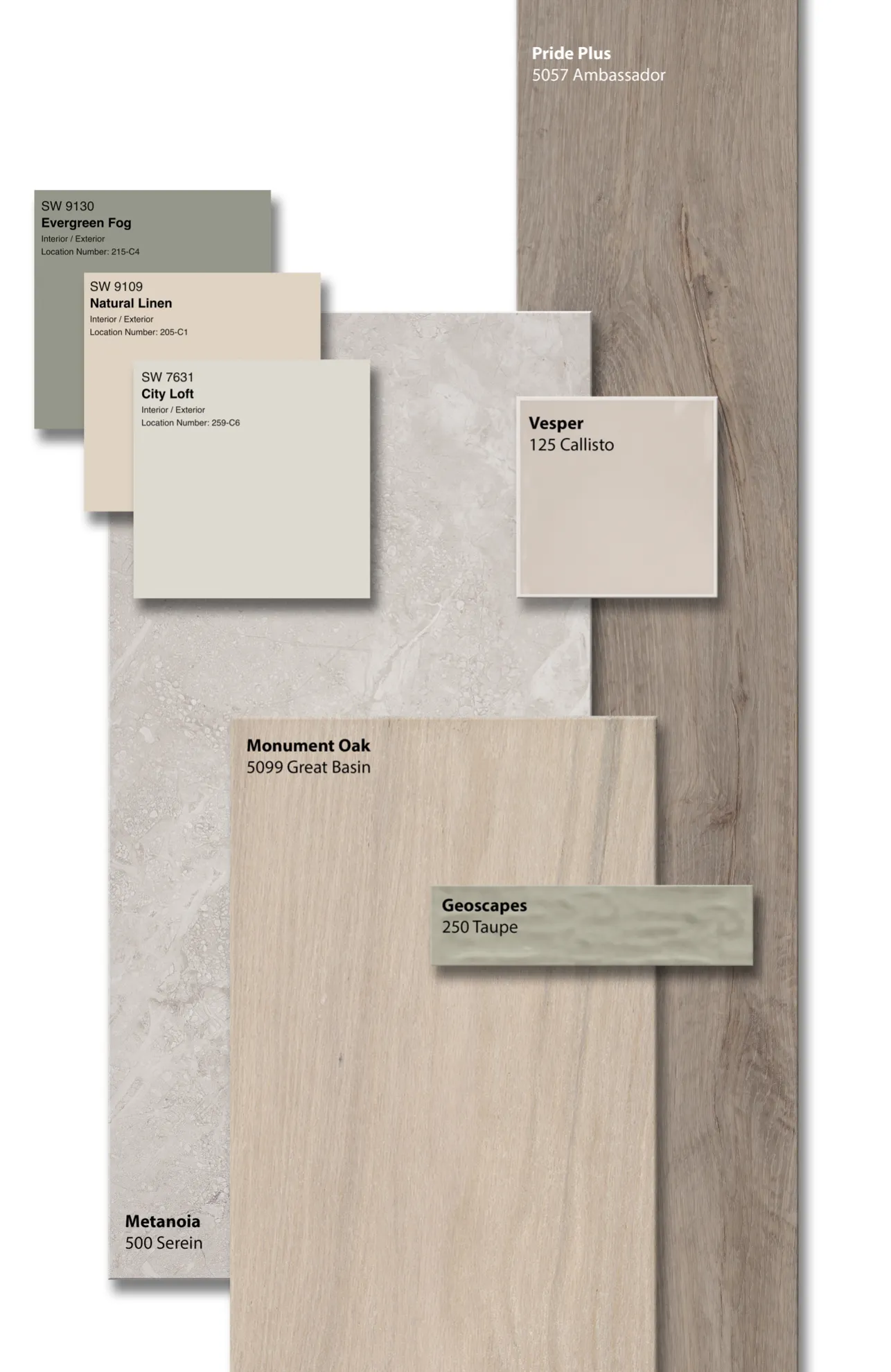 Metamorphosis flat lay. Flooring planks, tile and paint chips wiht bright pinks, deep teal oclors and pops of black.