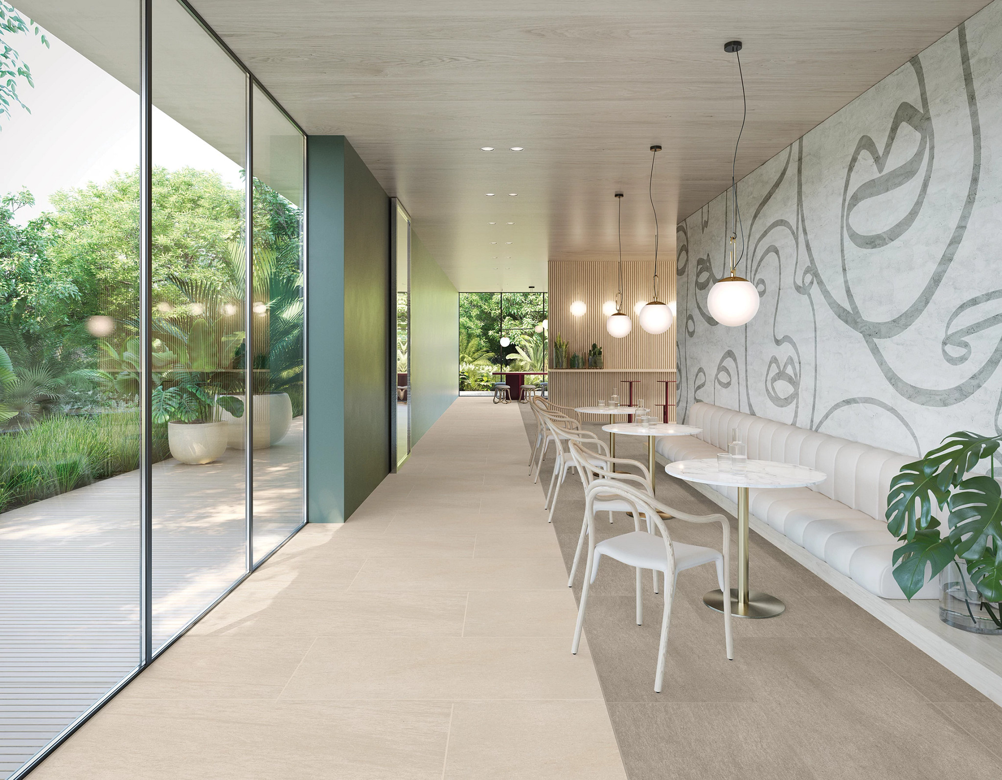 Modern dining area with porcelain flooring, featuring beige and taupe tiles, large glass windows, and contemporary white furniture.