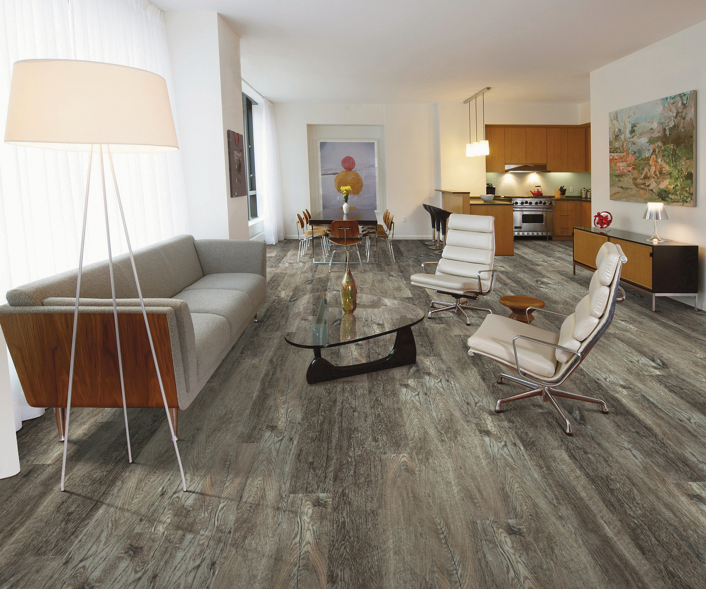 Smoky Oak flooring, shown in a room