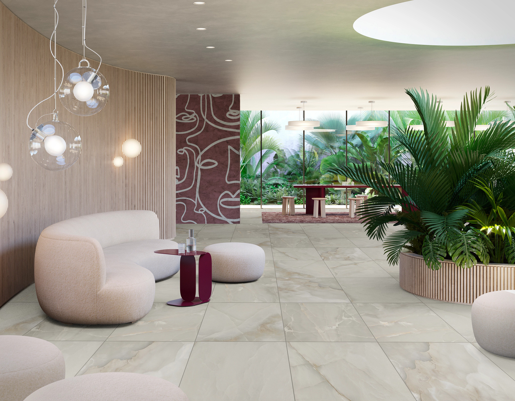 Modern lounge area with porcelain tile flooring, featuring beige and cream tones, contemporary furniture, and lush indoor plants