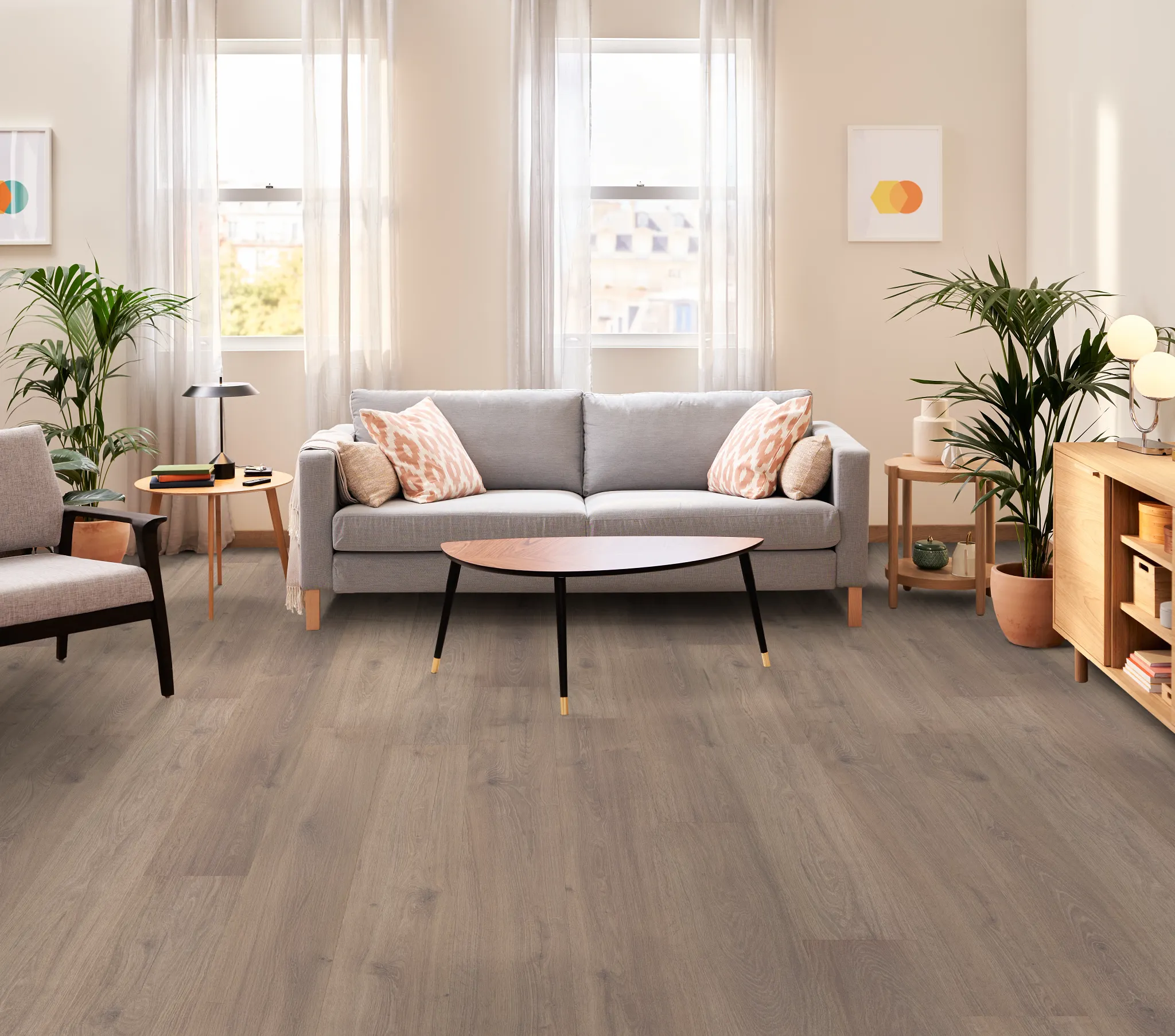 Modern living room with gray hardwood flooring