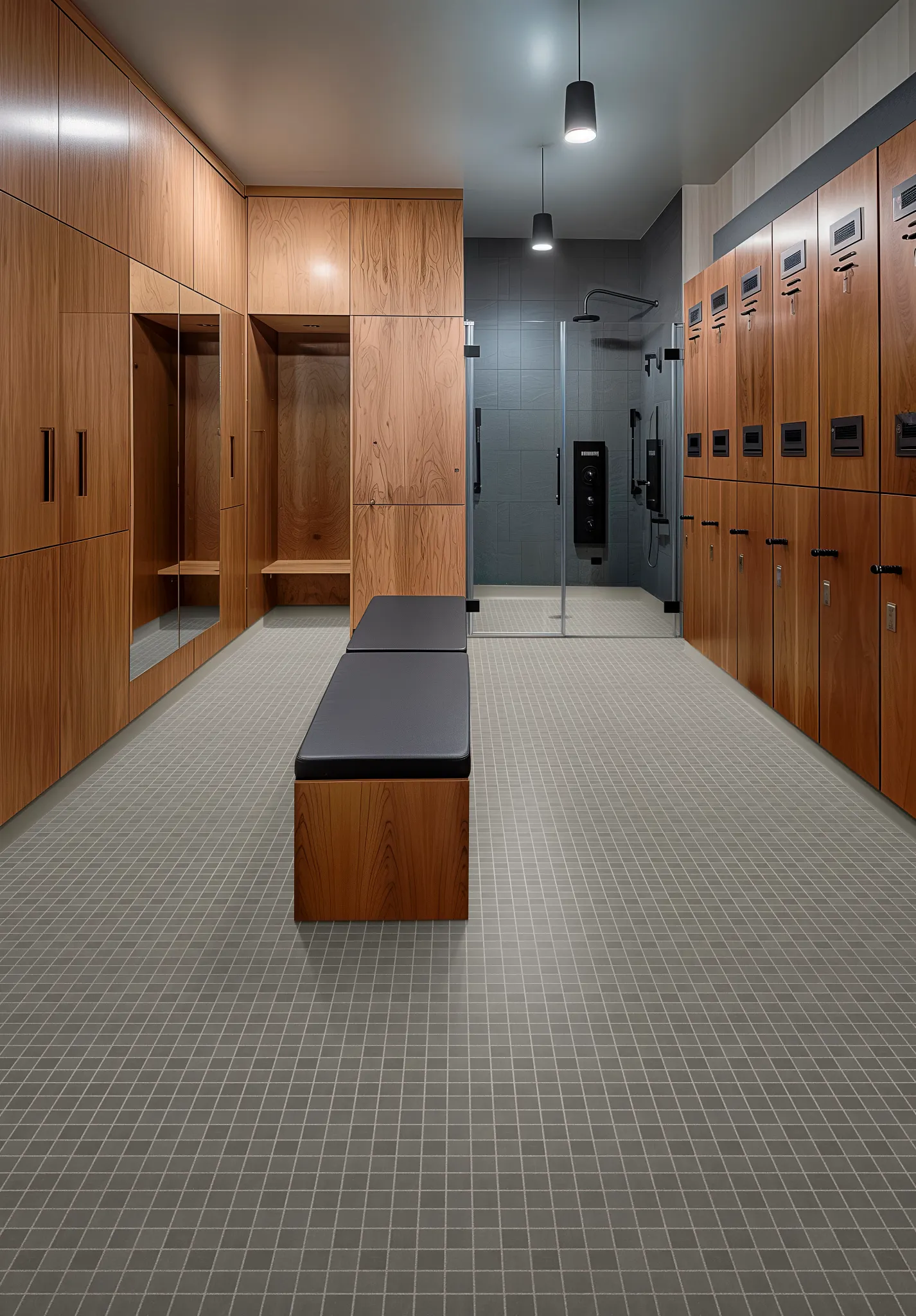 Locker room space with porcelain tile 