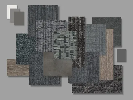 Versatile carpet tile options for commercial spaces Assorted commercial carpet tile samples in shades of gray and blue