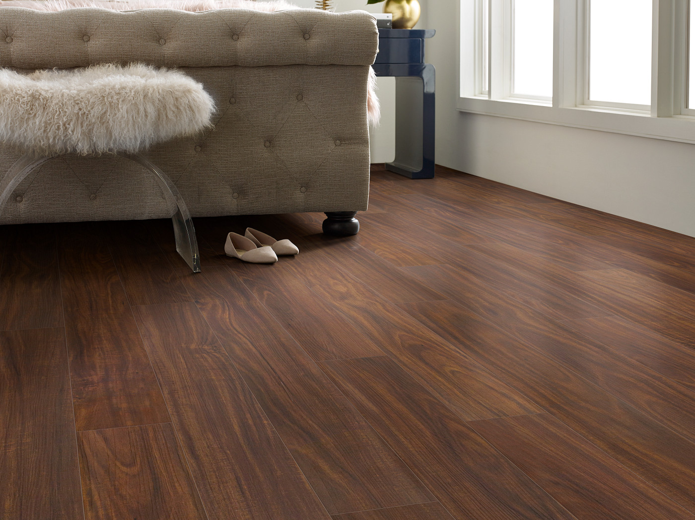 Rich Mahogany flooring, shown in a room