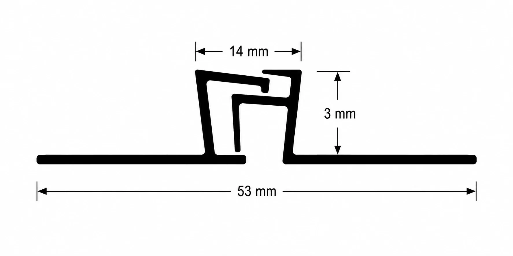 Diagram of flooring profile with dimensions 53 mm x 14 mm x 3 mm