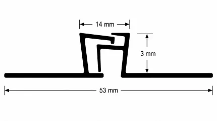 Flooring profile dimensions and specifications Diagram of flooring profile with dimensions 53 mm x 14 mm x 3 mm