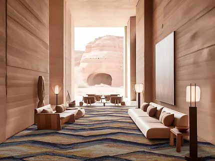 Contemporary Lounge with Abstract Patterned Carpet and Desert View Custom Pattern YF89928