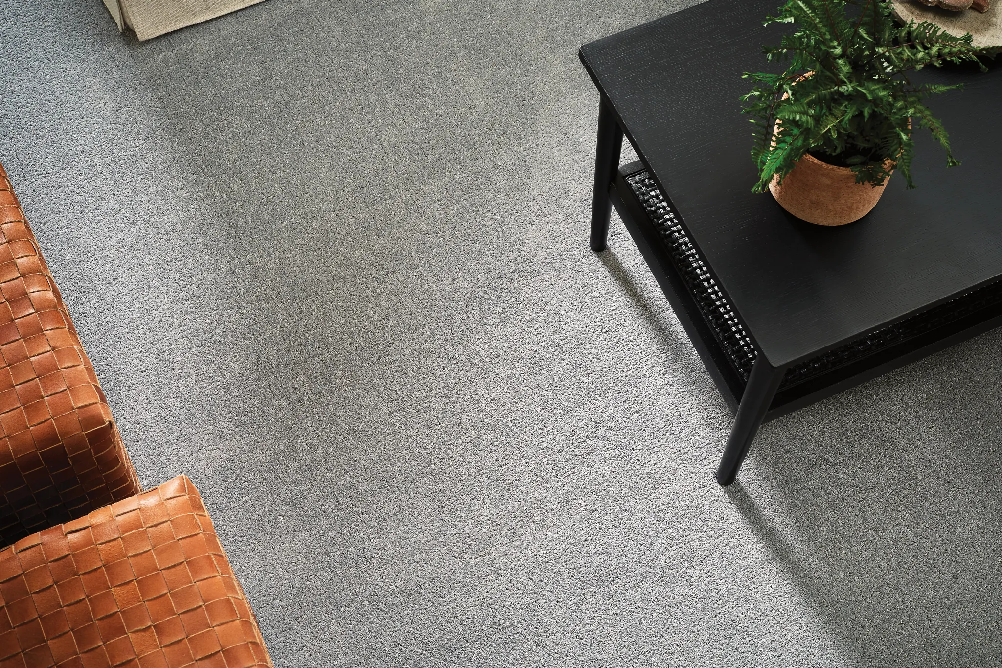 Soft surface flooring in a modern living room with gray carpet, brown leather chairs, and a black coffee table with a plant