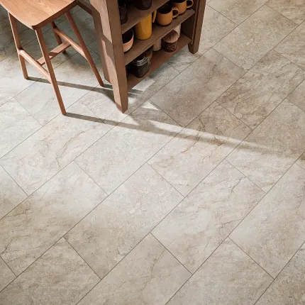 Beige Stone Look Luxury Vinyl Tile Flooring in Modern Kitchen Scene Modern kitchen with beige stone look luxury vinyl tile flooring and wooden furniture