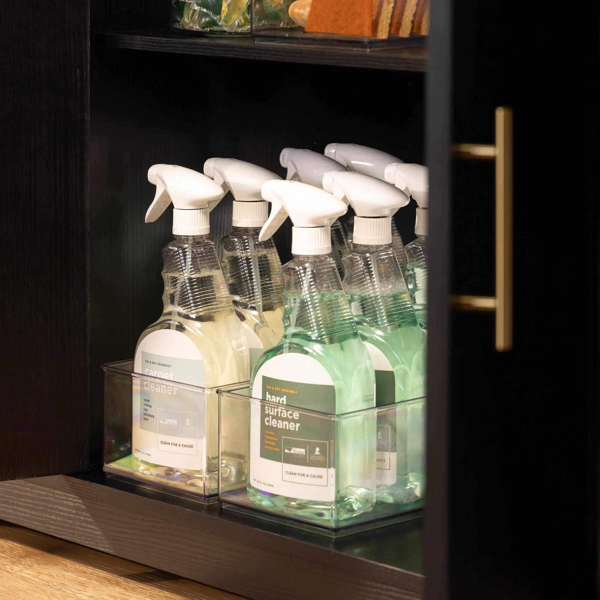 Cleaning products for carpet and hard surface flooring in a cabinet