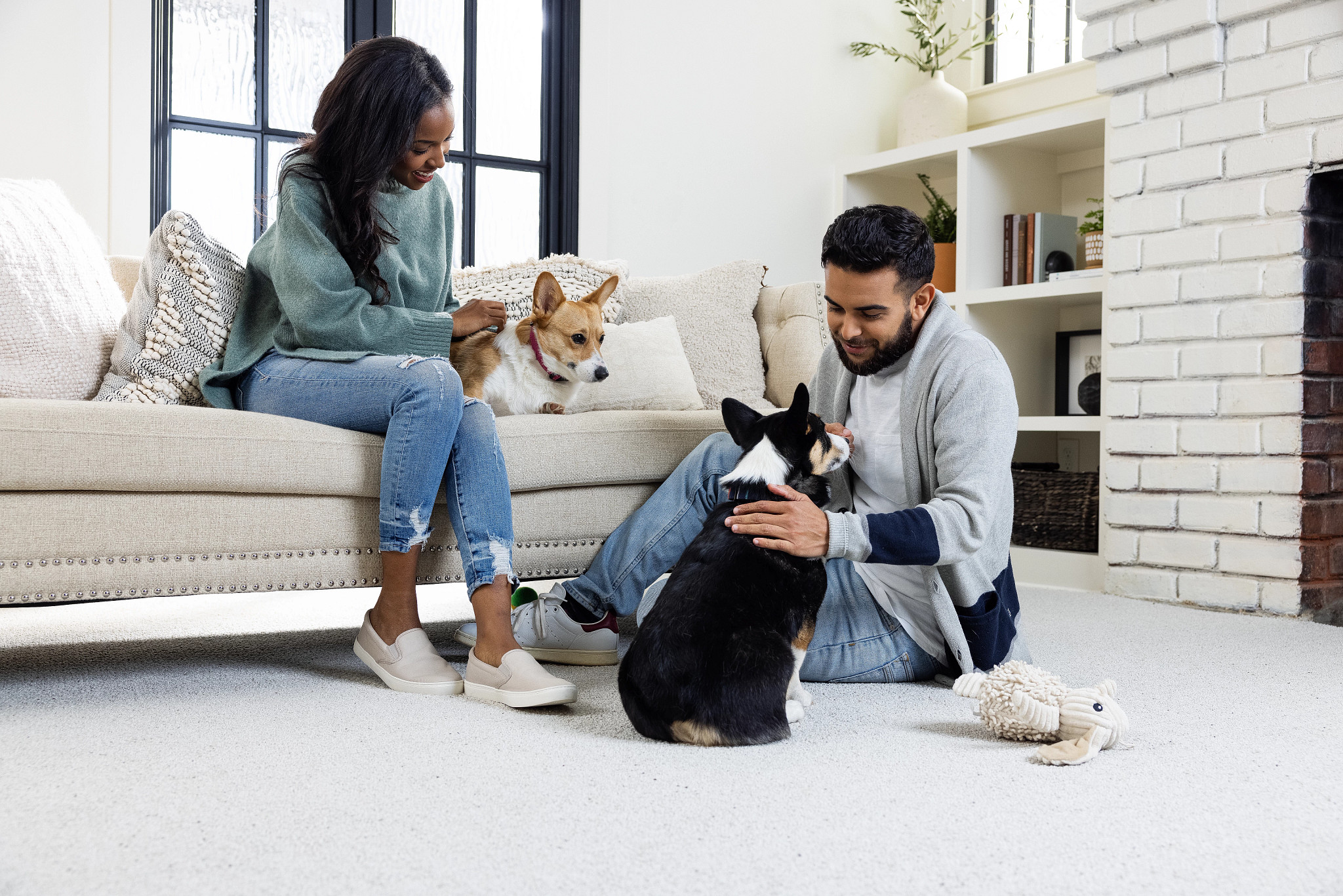 Cozy living room scene with a couple and two dogs on soft surface flooring