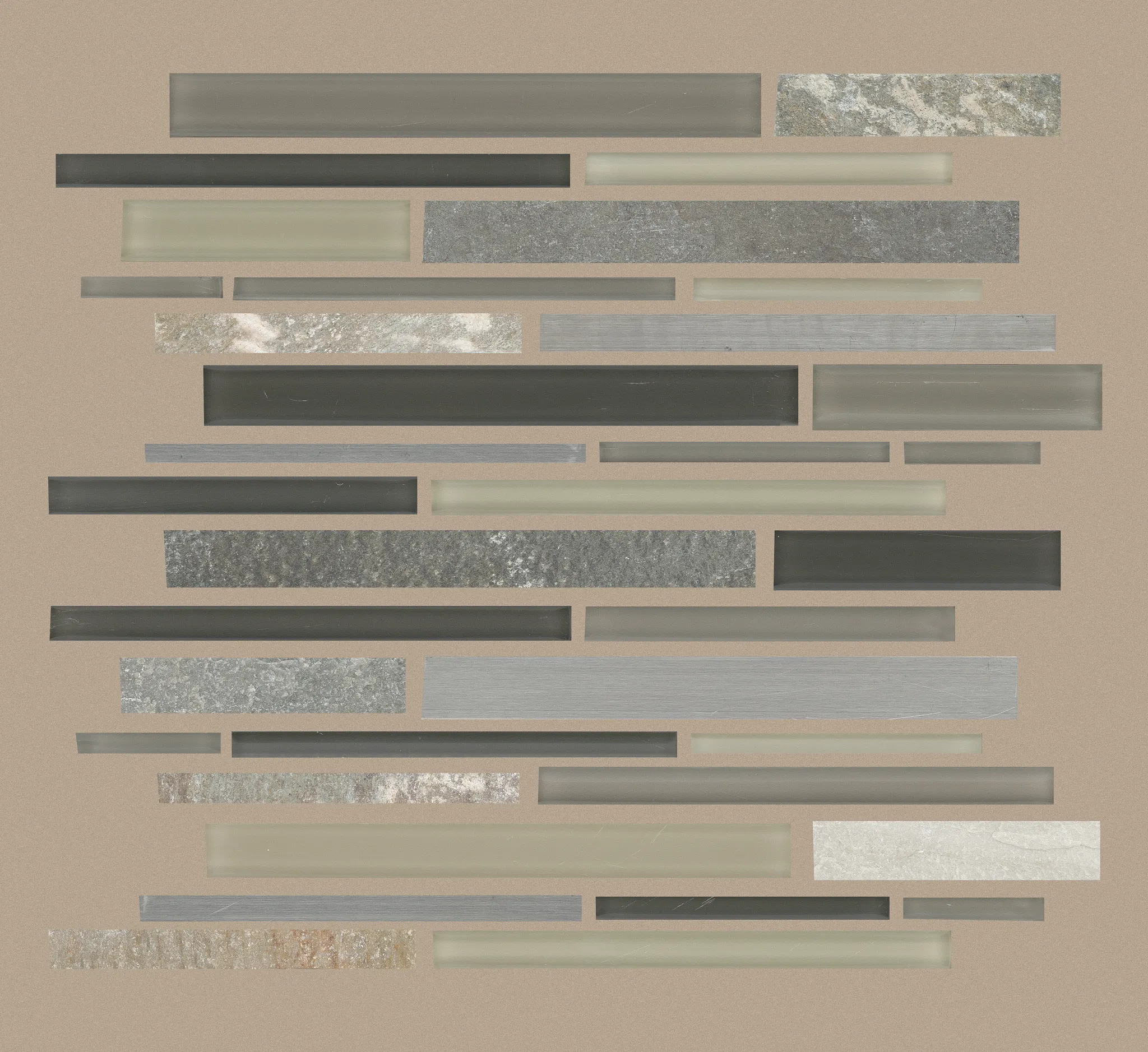 Multi-colored glass and stone mosaic tile in shades of gray, beige, and black