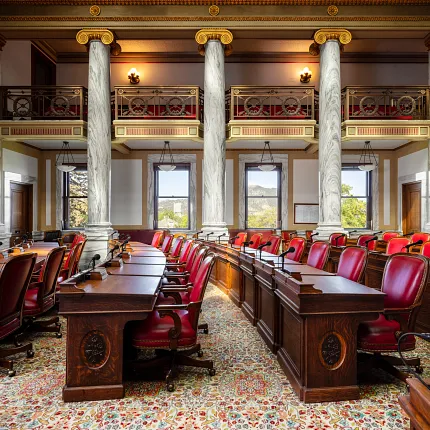 Elegant carpet design for government interiors Ornate government facility with floral carpet and red chairs