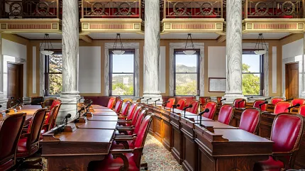 Elegant carpet design for government interiors Ornate government facility with floral carpet and red chairs