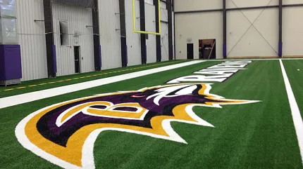 Artificial Turf in Indoor Sports Facility with Logo Design Indoor sports facility with artificial turf featuring a large logo design in purple