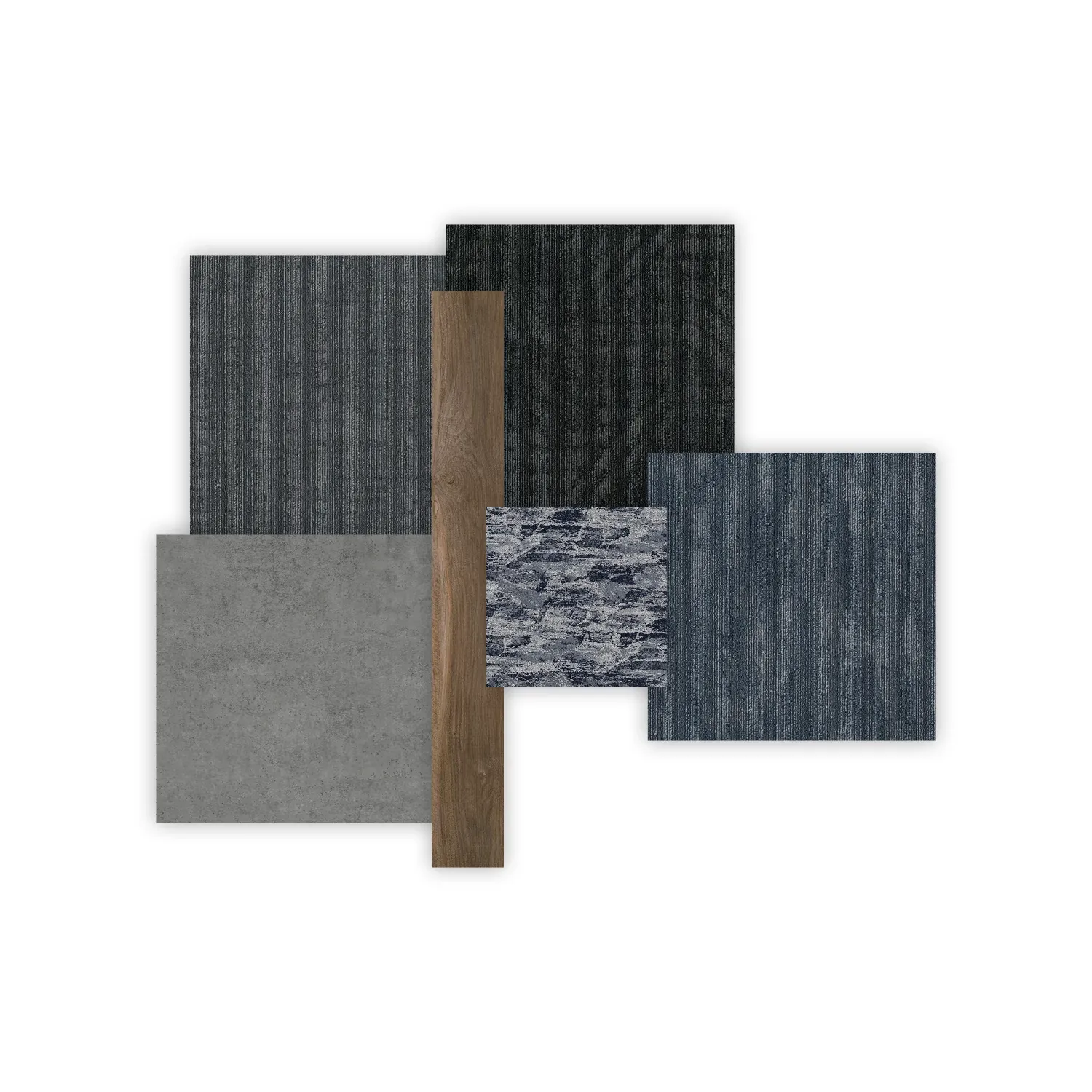 Swatch of various flooring types including dark grey, light grey, blue, and wood textures
