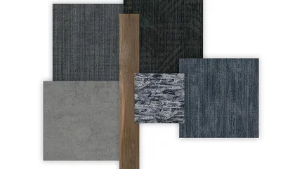 Flooring swatch with diverse textures and colors including grey, blue, and wood. Swatch of various flooring types including dark grey, light grey, blue, and wood textures