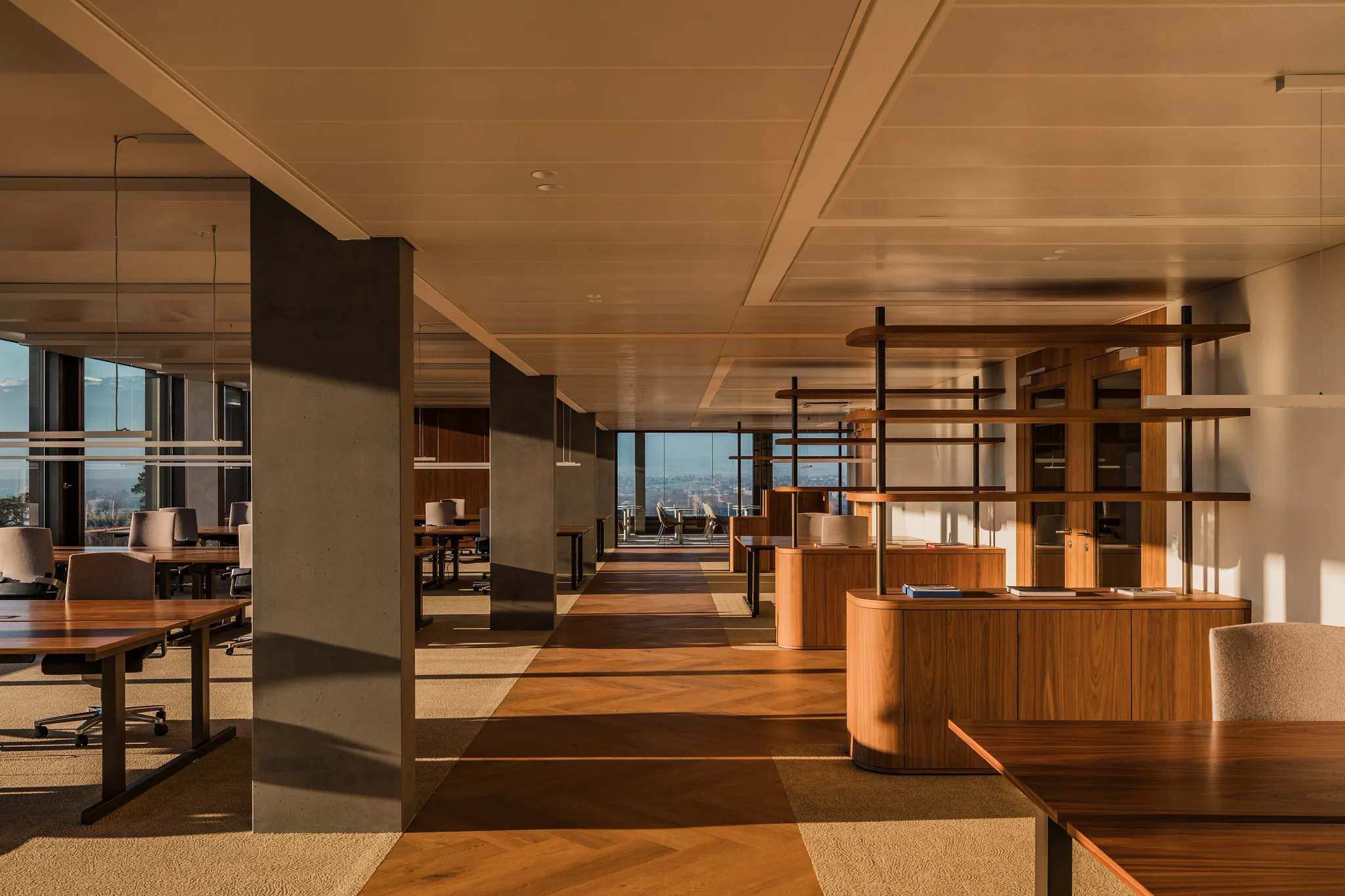 Open office floor plan with view outside and rich wood herringbone floor from Coretec 