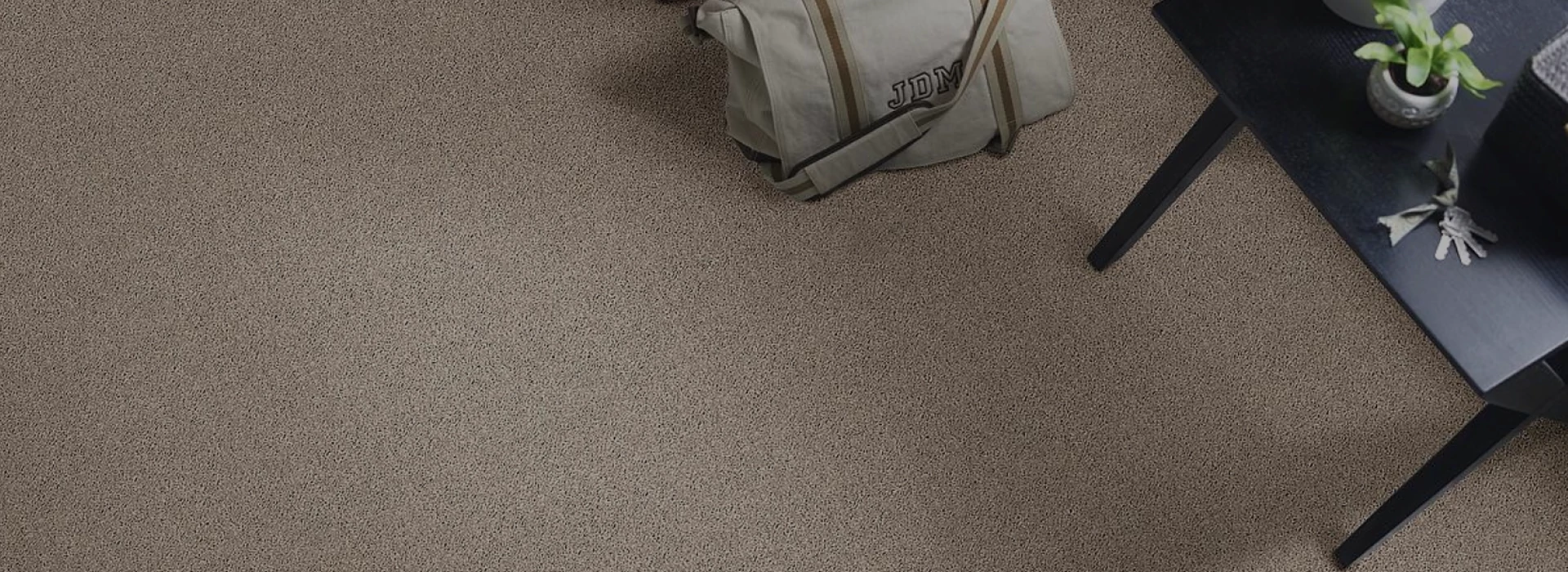 Beige soft surface flooring with a gray bag and black table with a plant