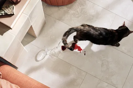 Durable and scratch-resistant luxury vinyl tile flooring with Coretec Mineral Core 23.62x11.81 inch Cat walking on waterproof luxury vinyl tile flooring with spilled wine glass