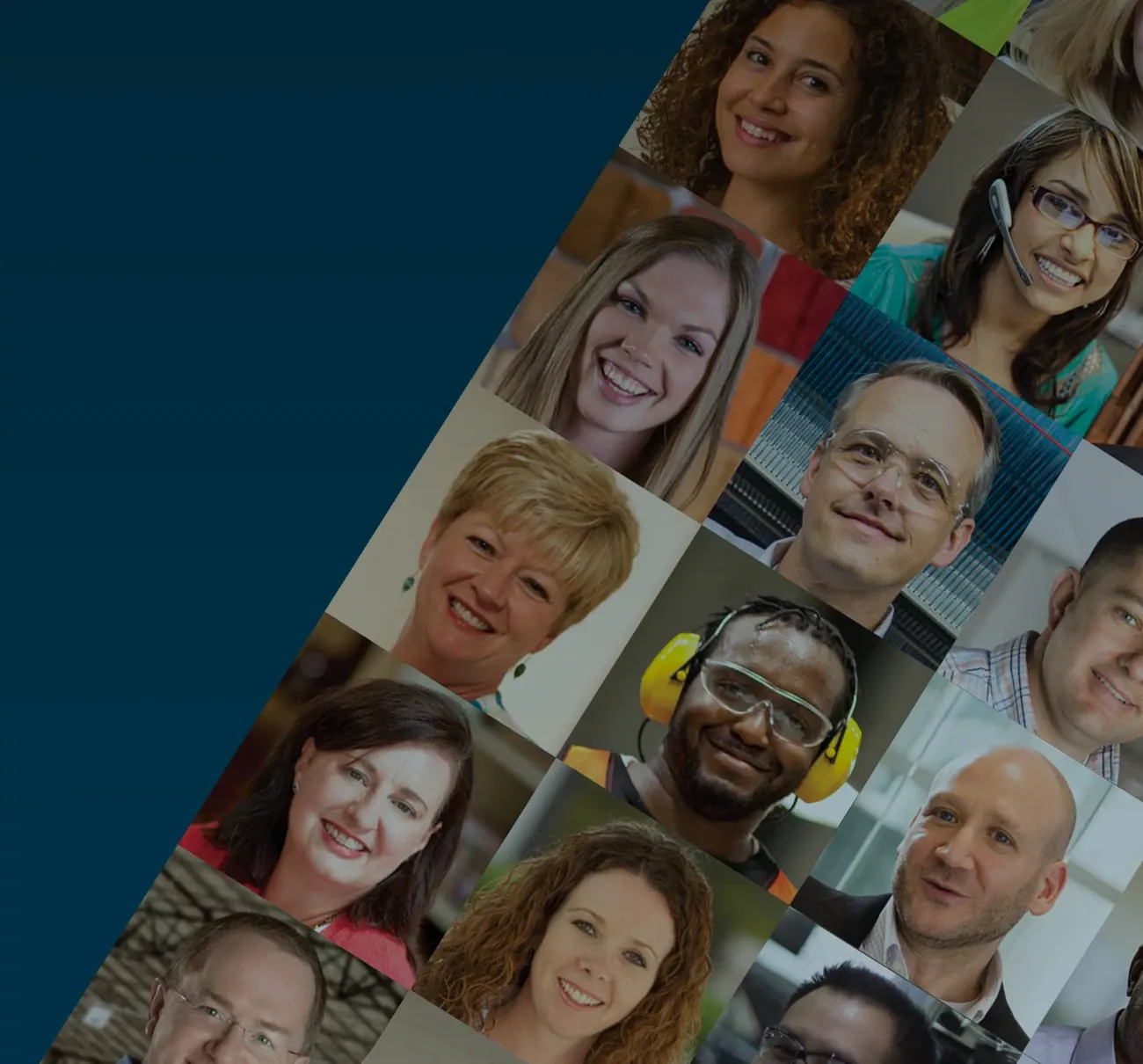 Collage of diverse individuals representing various segments such as Government, Higher Education, Hospitality, K12 Education, Life Sciences, Multifamily, Retail, Senior Living, and Workplace