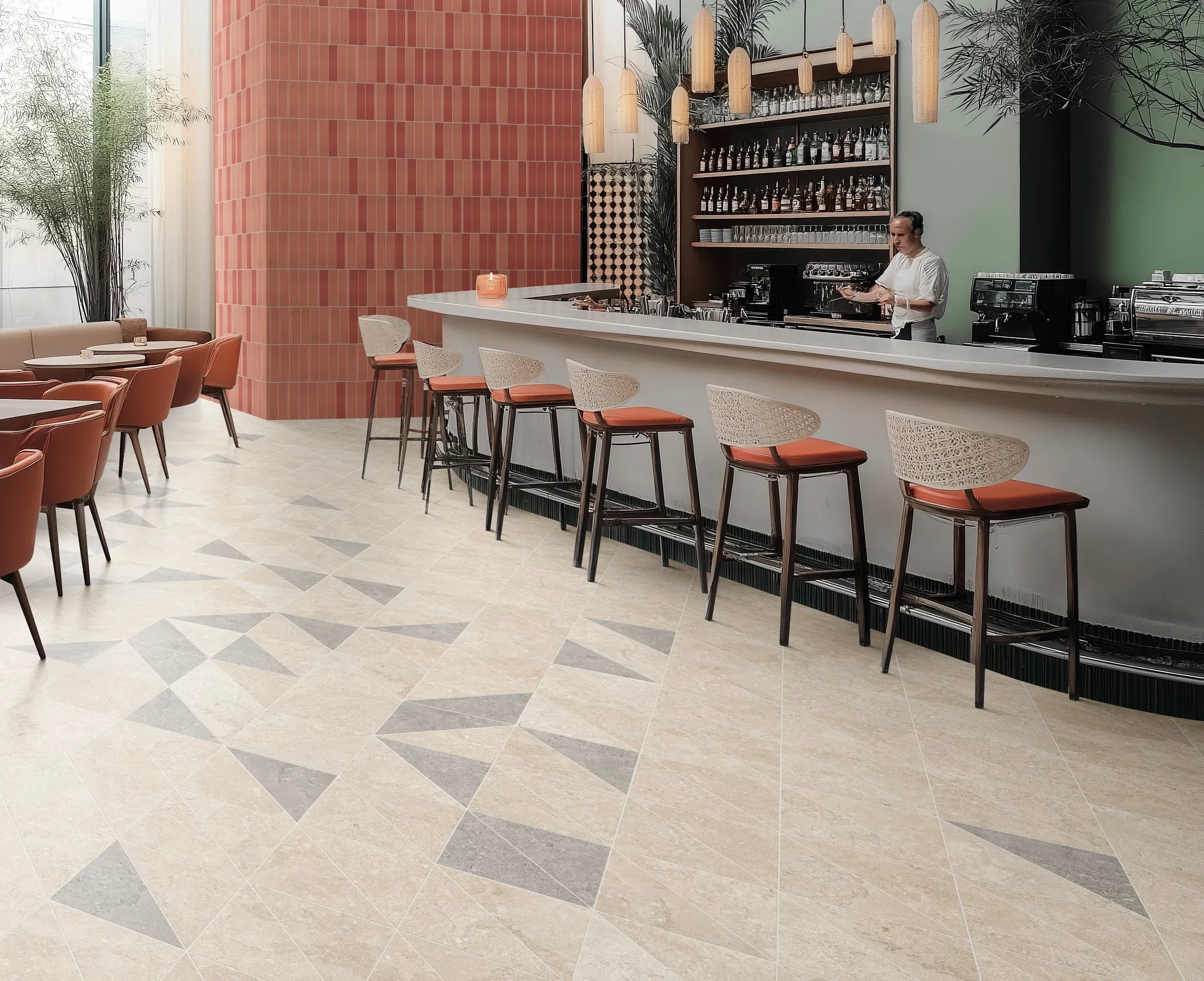Modern bar area with geometric ceramic tile flooring