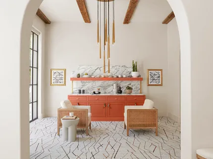 Contemporary living room with geometric carpet and stylish decor Local in Vibrant Native