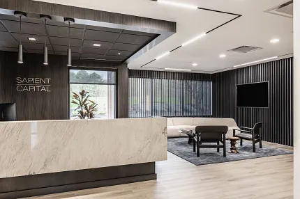 Stylish Rigid Core flooring for workplace environments Modern office reception area with Rigid Core flooring