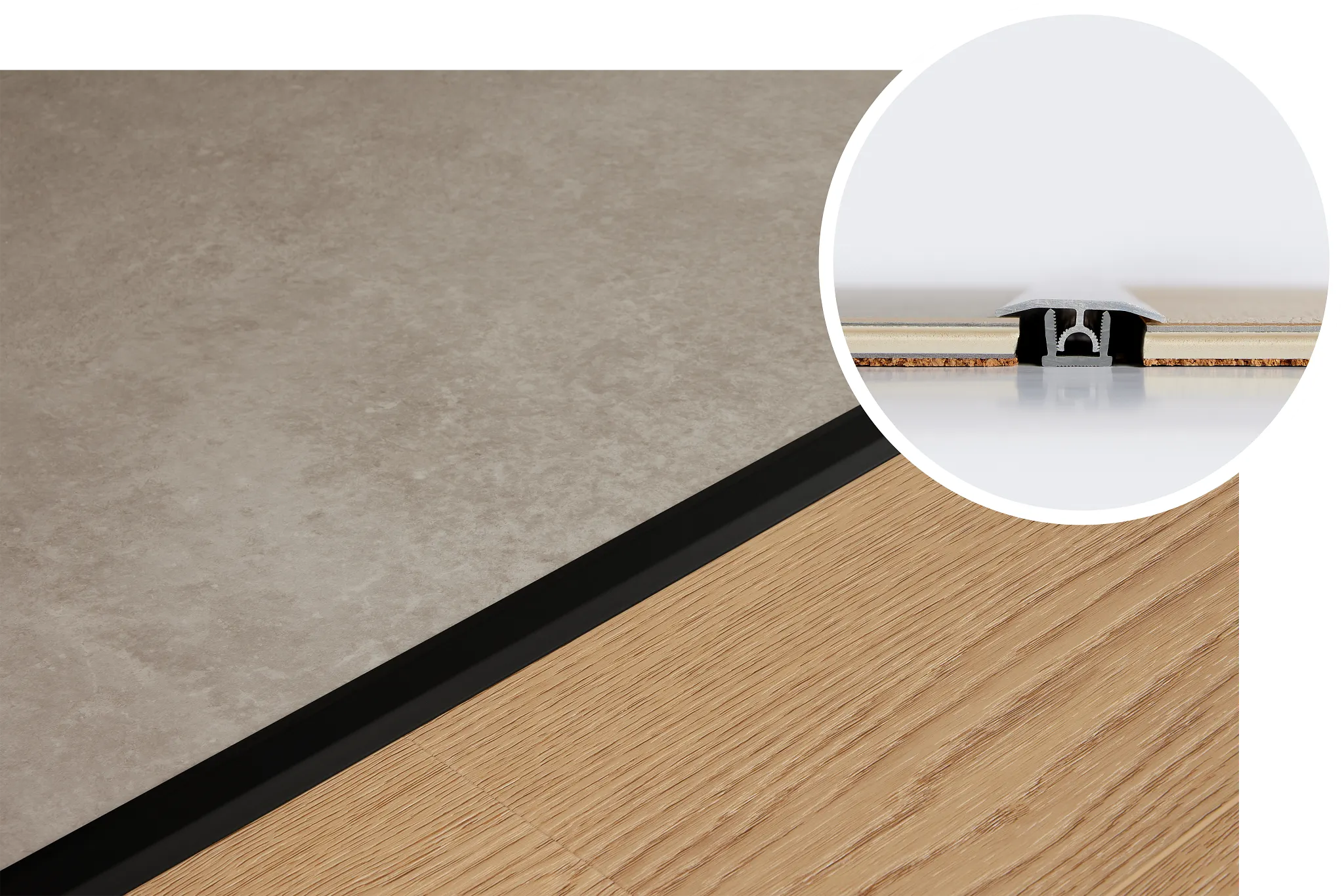 Close-up of flooring transition strip with detailed construction