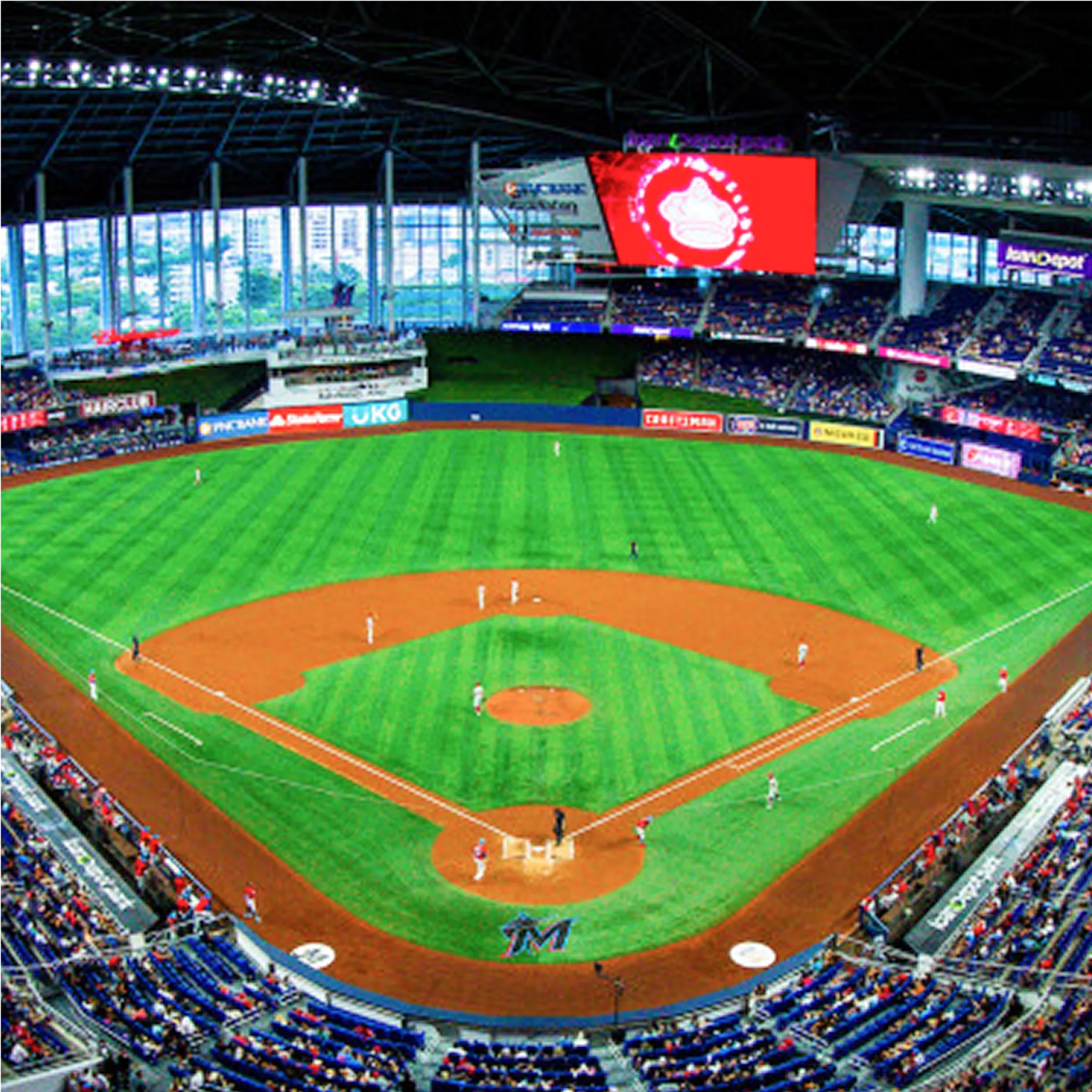 Miami Marlins logo over a baseball stadium background