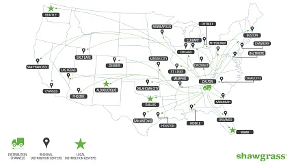 Nationwide distribution network for Shawgrass products Shawgrass distribution map across the United States