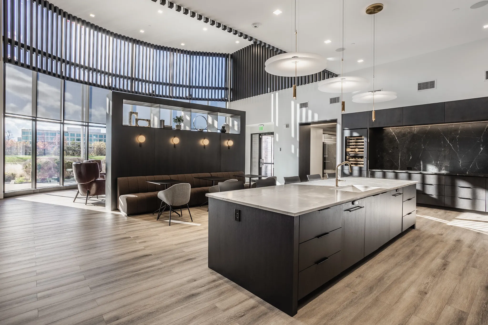 Open concept breakroom with an island and granite countertop