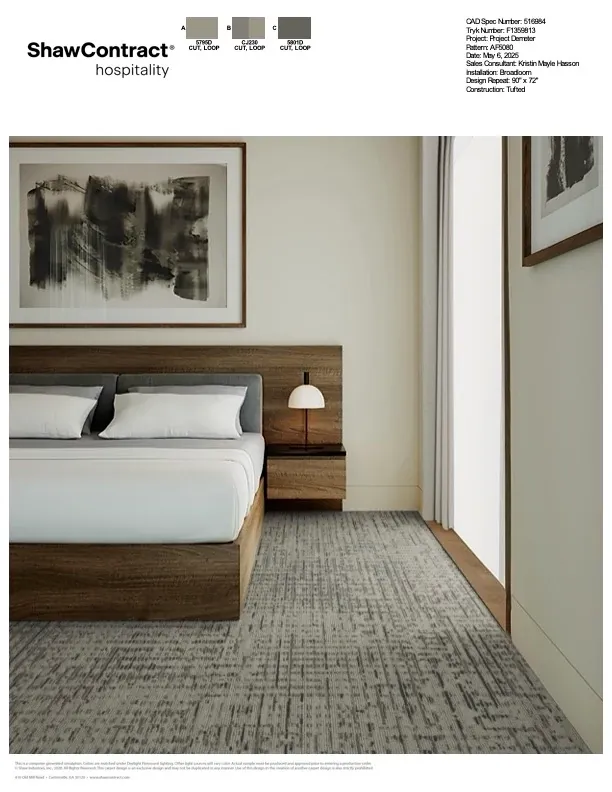 Modern hotel room with tufted broadloom carpet in neutral tones