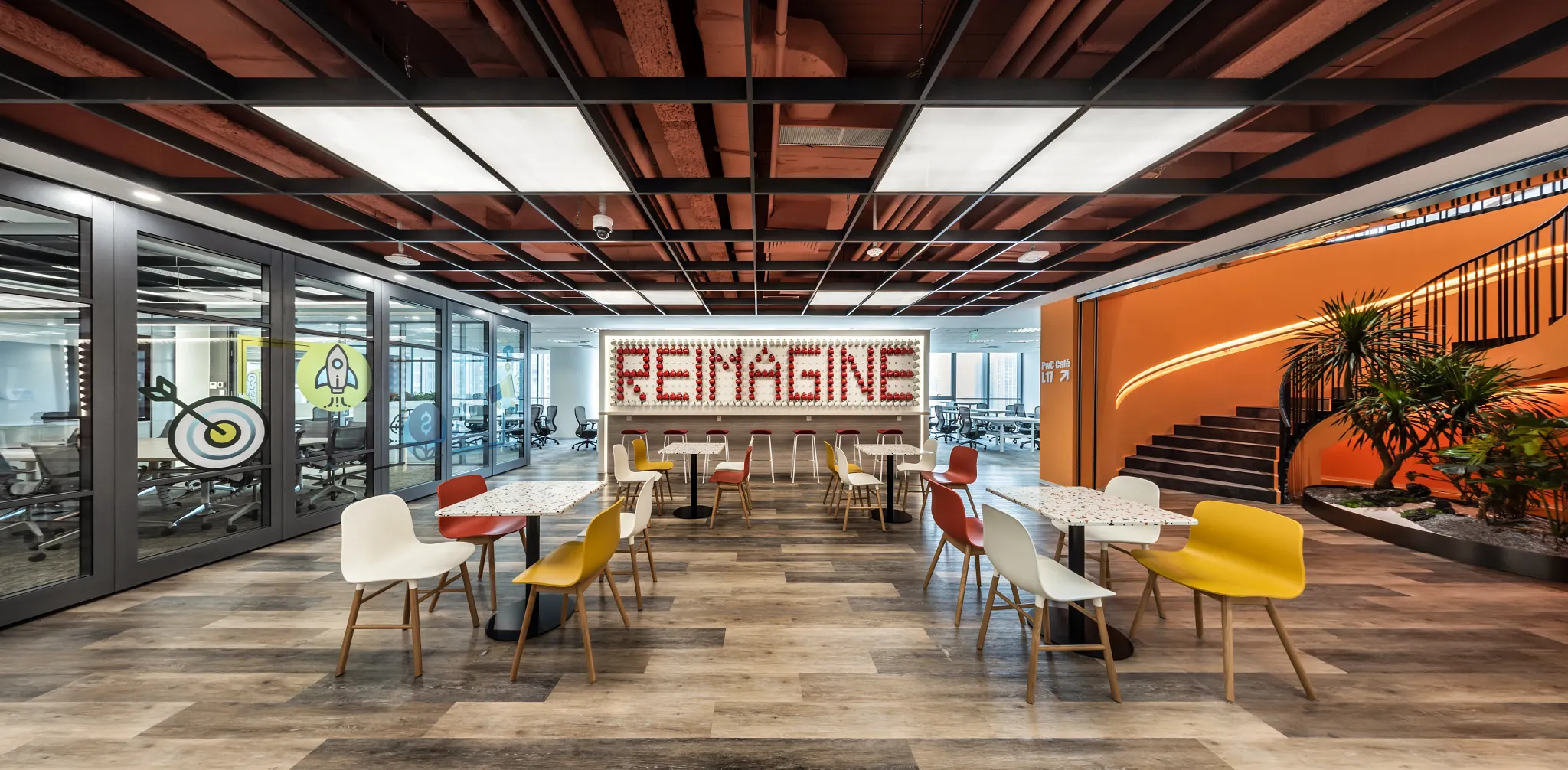 Modern office space with abstract patterned carpet flooring