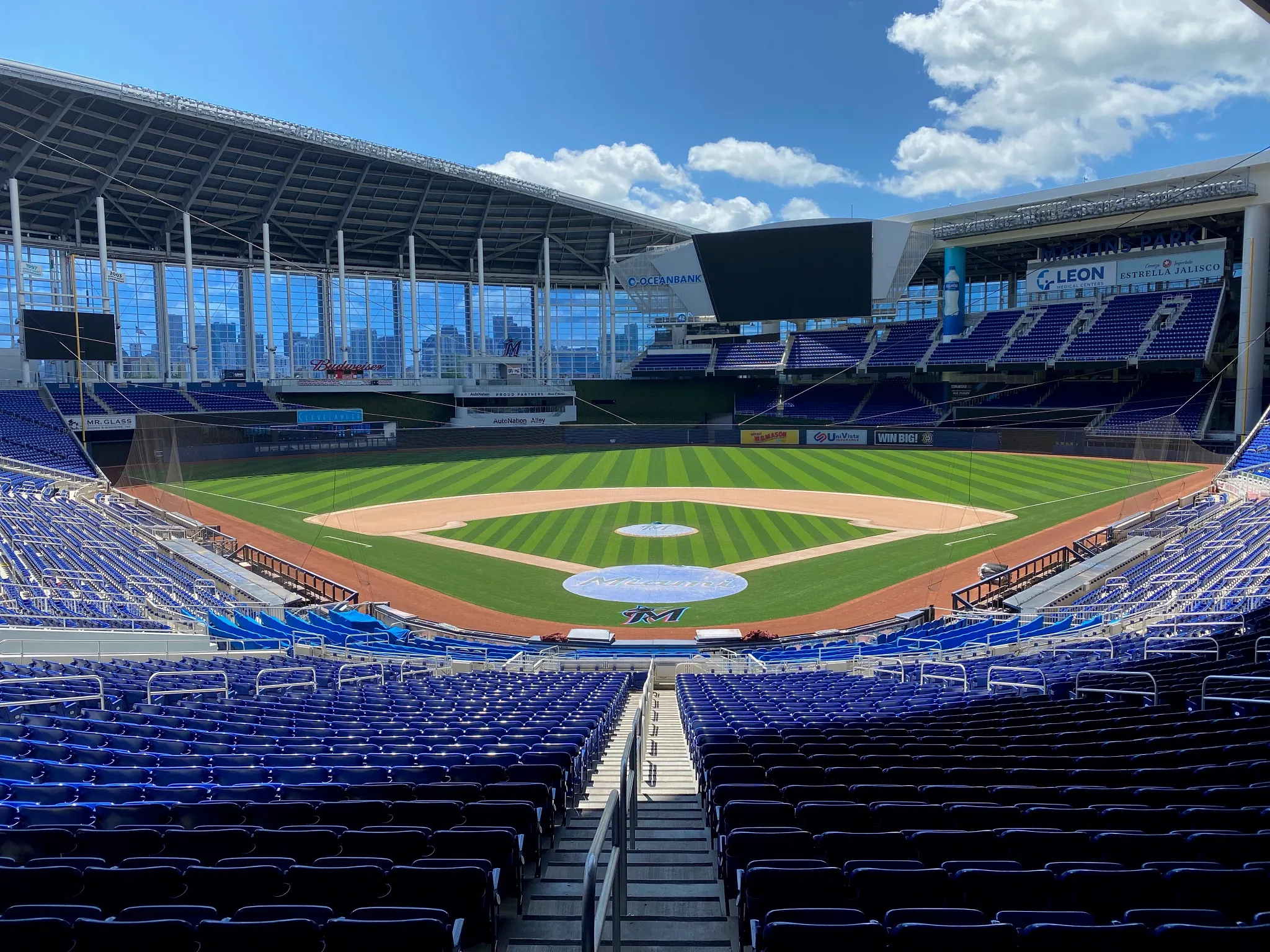 Baseball stadium with artificial turf field under a clear blue sky