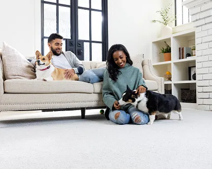 Modern living room with white carpet and corgi dogs. Cozy living room with soft white carpet, a couple relaxing with two corgi dogs, and modern decor.