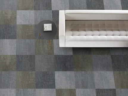 Checkered Pattern Commercial Carpet Tile in Modern Living Room Design Modern living room with a white sofa and a round side table on a checkered pattern commercial carpet tile in shades of gray and olive green