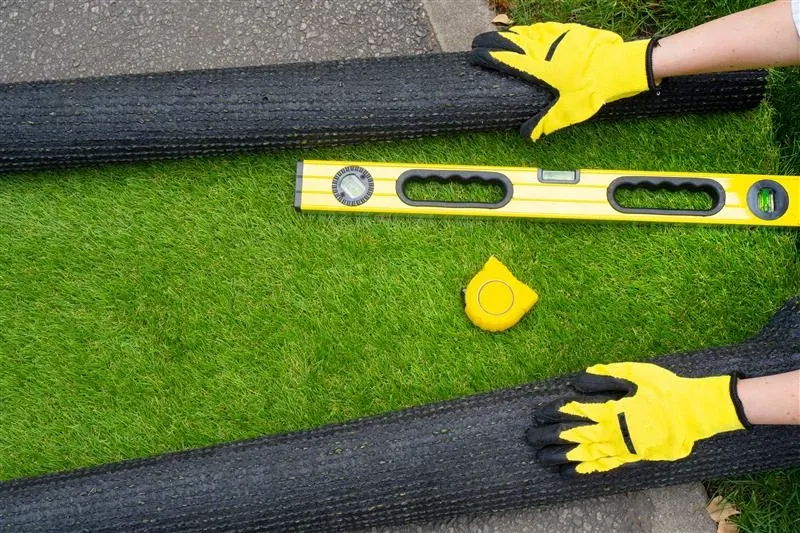 Installation of artificial grass with measuring tools and gloves
