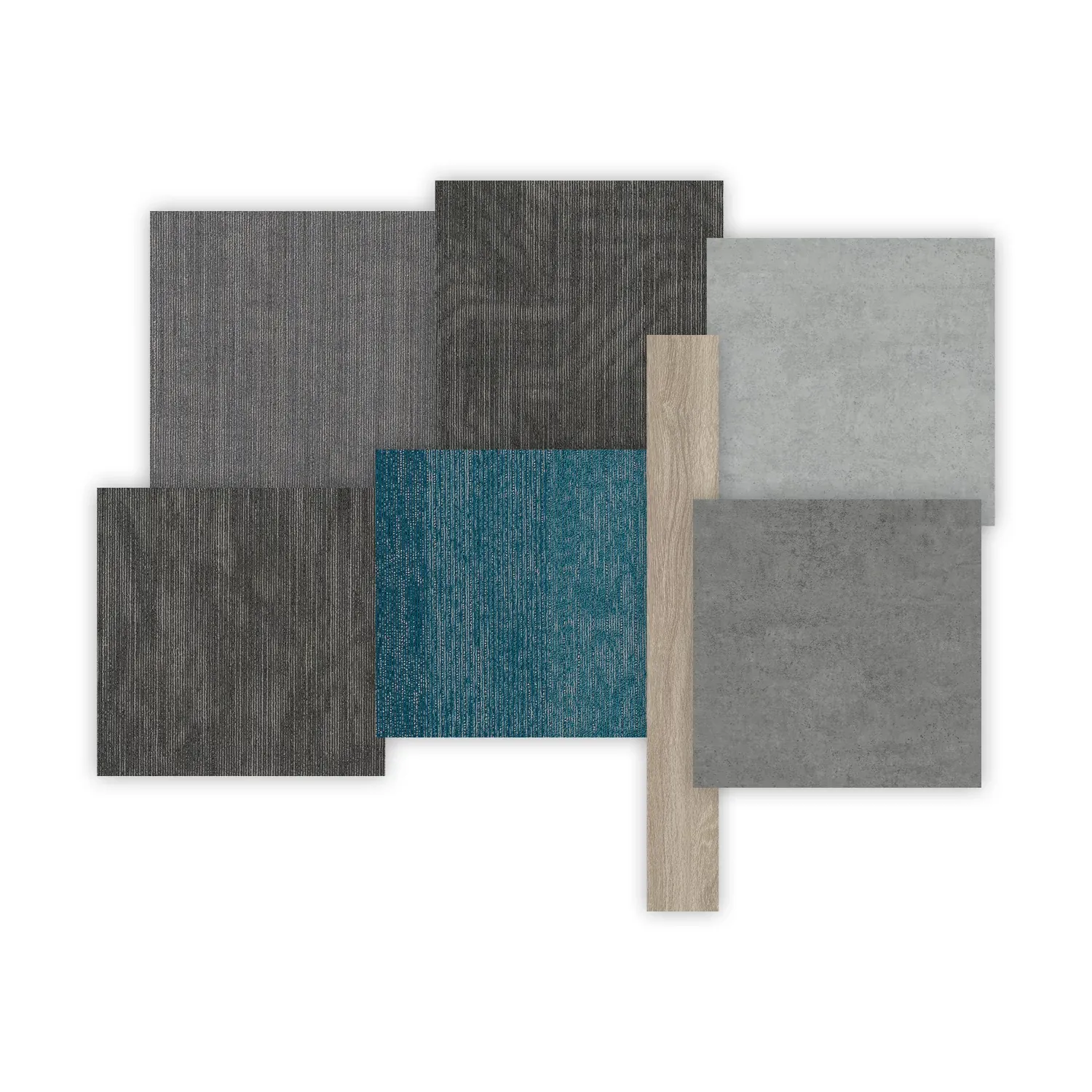 Swatch of commercial flooring options featuring various textures and colors including dark gray, light gray, teal, and wood grain