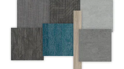 Commercial Flooring Swatch with Diverse Textures and Colors Swatch of commercial flooring options featuring various textures and colors including dark gray, light gray, teal, and wood grain