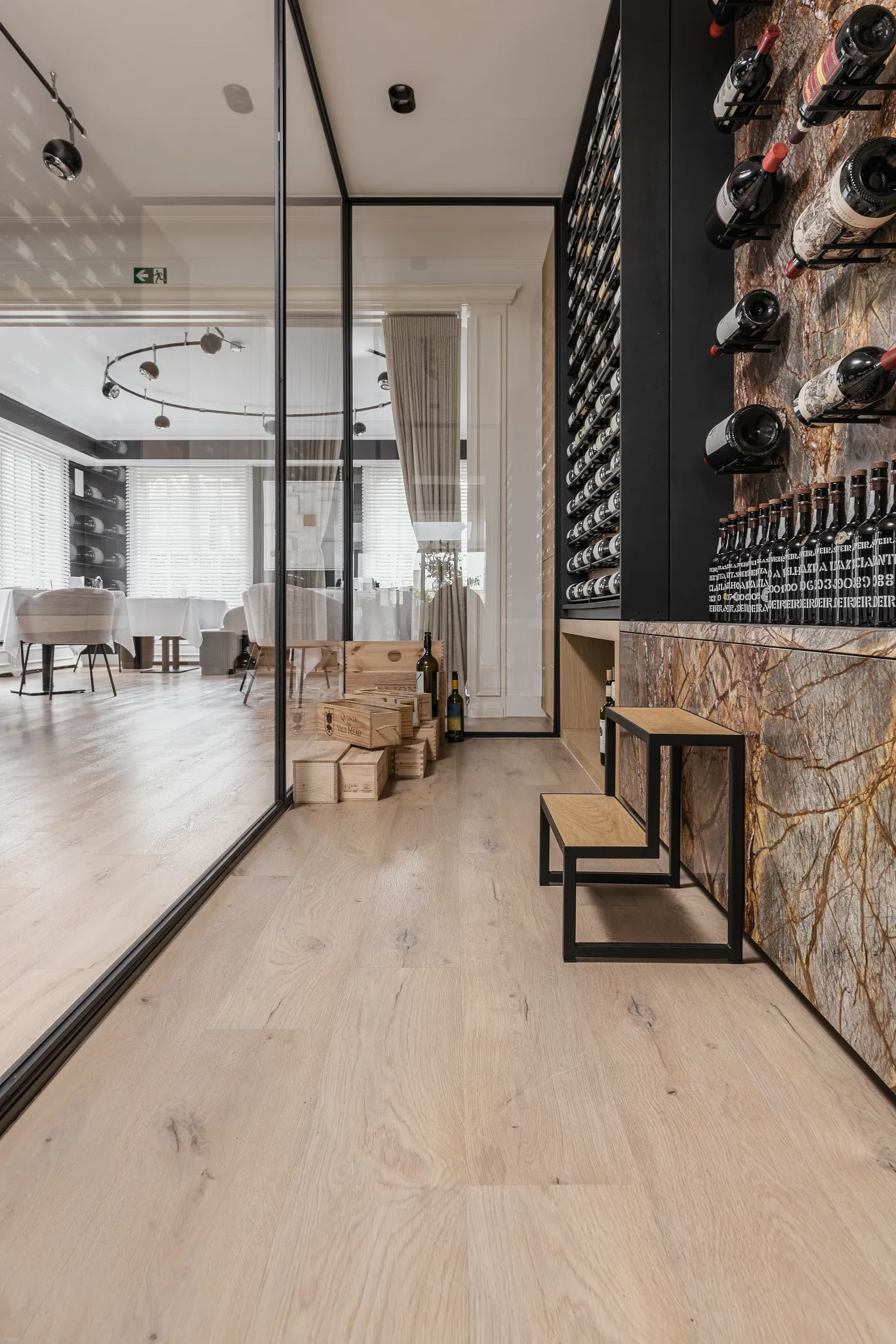 Modern wine cellar with luxury vinyl plank flooring