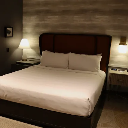 Stylish hospitality carpet for contemporary hotel interiors Modern hotel room with patterned carpet flooring