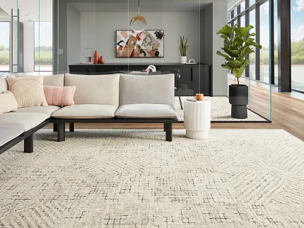 Contemporary Living Room with Beige Patterned Carpet and Modern Decor Stonework in Pebble and Chisel in Pebble